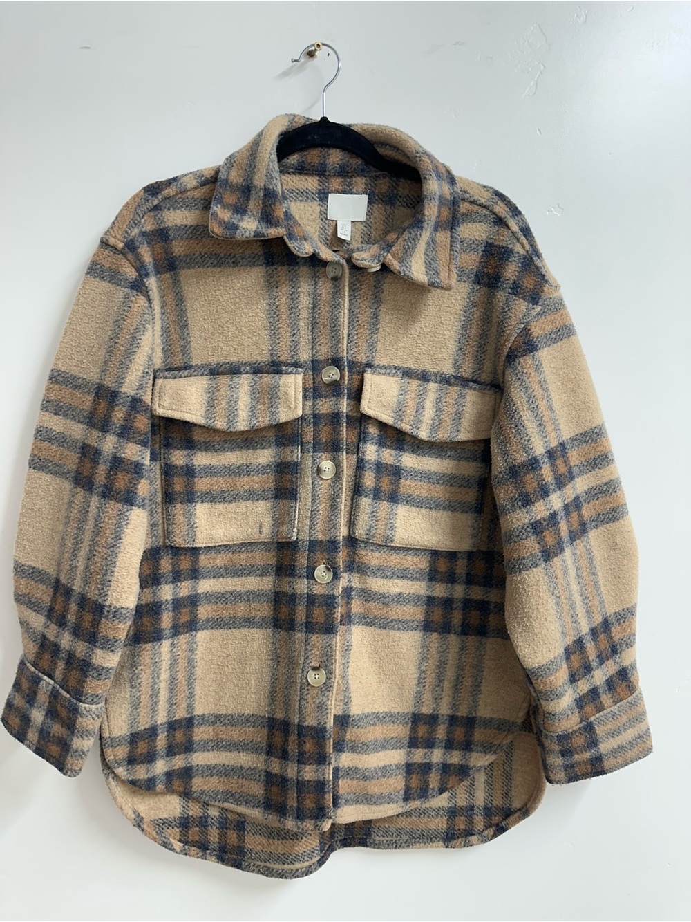 H&M Oversized Felted Shacket - Light Beige/Blue/Dark Brown Checked (Size S)